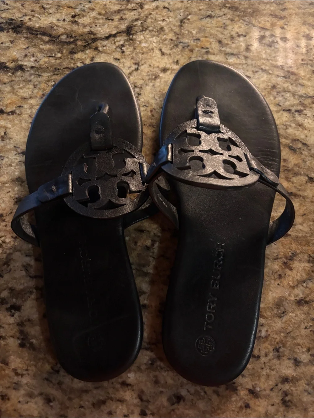 Tory Burch Black Leather Logo Thong Sandals